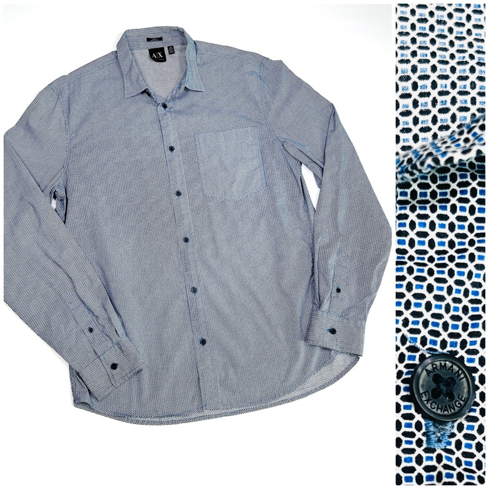 Armani Exchange Mens Shirt Long Sleeve Shirt Size L Blue White Black Pattern